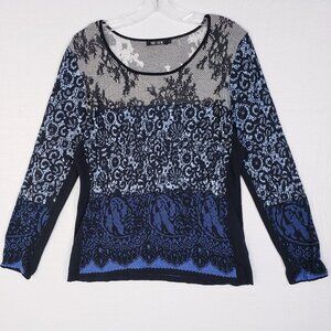 NIC+ZOE Textured Knit Sweater Lace Print Blue Ombre Gradient Pullover size L
